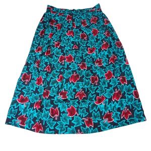 Vintage Greenwich Square Teal Red Leaf Print Midi Skirt Size 13-14 Elastic Waist